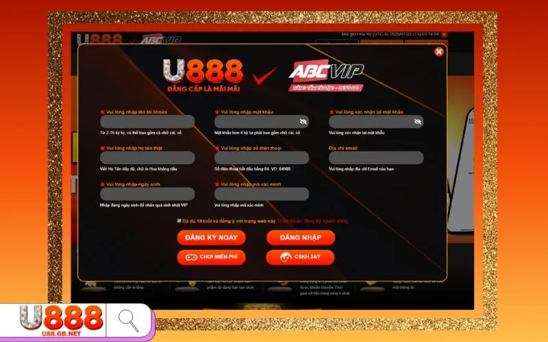 Form đăng ký tài khoản U888 với các trường thông tin cần thiết