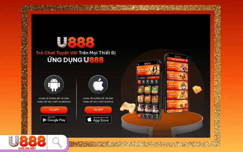 Ứng dụng U888 mobile hiển thị giao diện chính với menu điều hướng